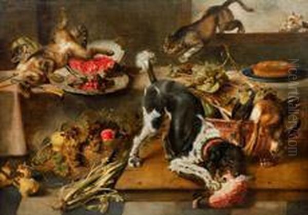 Balgende Katzen Undhund In Einer Vorratskammer Oil Painting by Paul de Vos