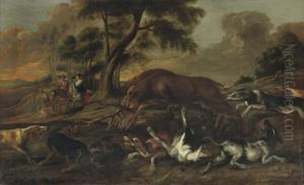 Hounds Attacking A Deer In A Hilly Landscape, A Hunters Couple On Horseback Nearby Oil Painting by Paul de Vos