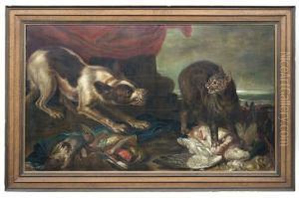 Hund Und Katze Streiten Sich Um Eine Jagdbeute Oil Painting by Paul de Vos