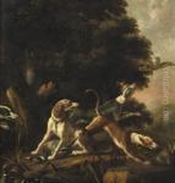 Hounds Chasing Game In A Wooded Landscape Oil Painting by Paul de Vos