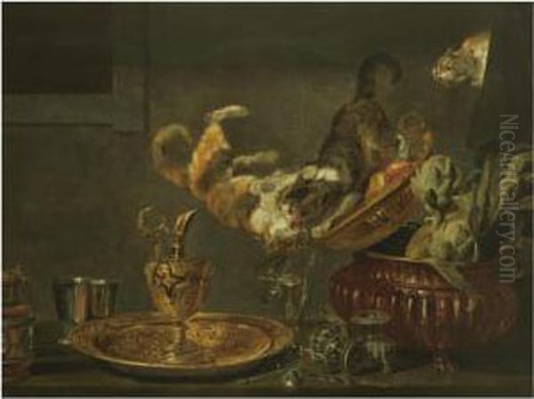 Tussling Cats On A Tabletop Laid
 With Ornate Silver And Goldobjects And An Urn Filled With Artichokes Oil Painting by Paul de Vos