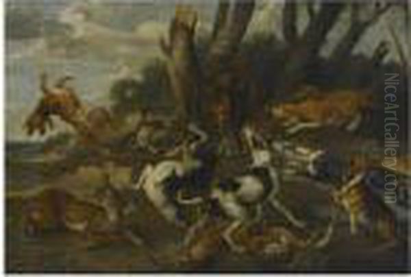 Hounds Attacking A Boar, In A Wooded Landscape Oil Painting by Paul de Vos