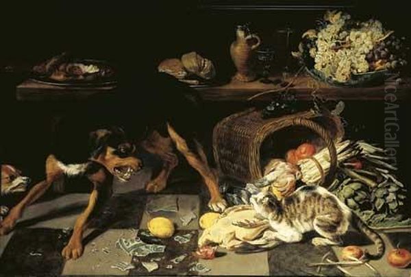 Chien Et Chat Dans Un Interieur De Cuisine Oil Painting by Paul de Vos