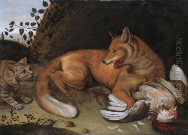 A Still Life With A Fox And A Cat Fighting Over A Chicken Oil Painting by Paul de Vos