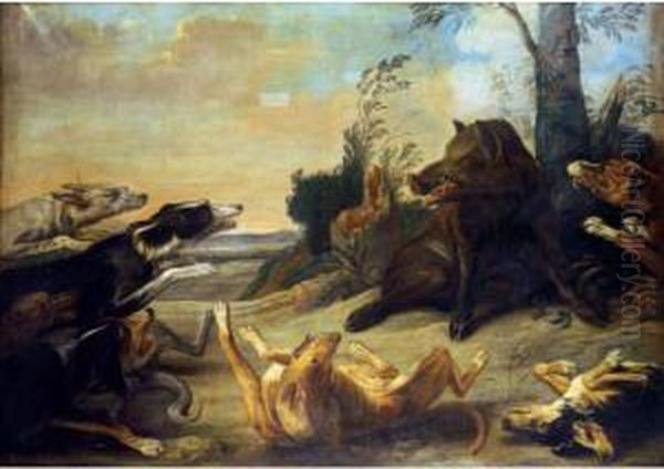 A Wild Boar Attacked By Hounds Oil Painting by Paul de Vos