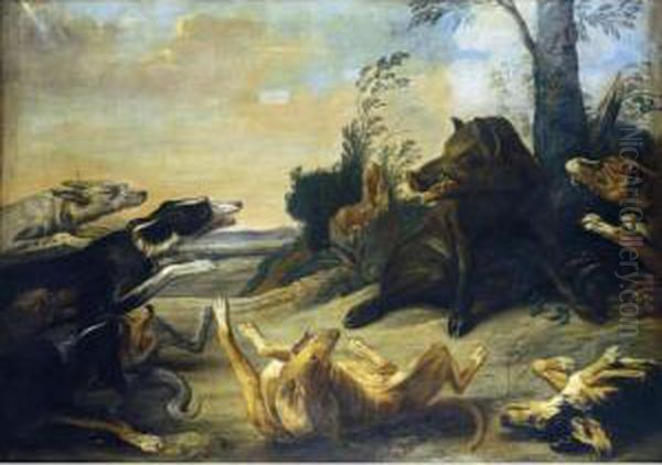 Wild Boar Attacked By Hounds Oil Painting by Paul de Vos