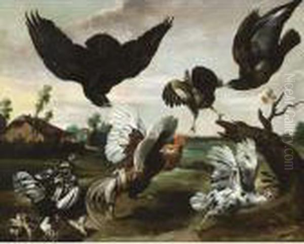 A Cockerel, Hens And Chicks Attacked By Hawks Oil Painting by Paul de Vos