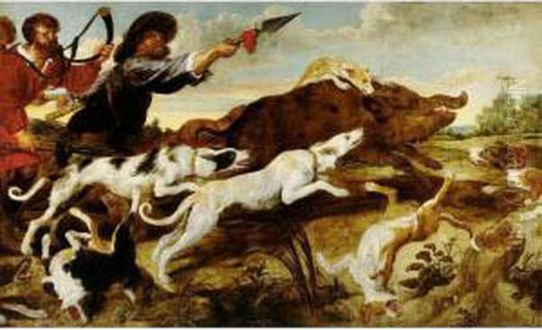 A Boar Hunt Oil Painting by Paul de Vos