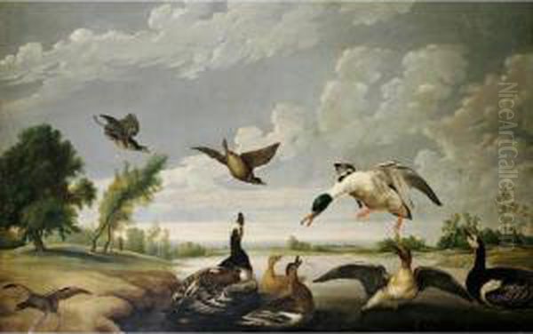 A River Landscape With Muscovy Ducks And Other Birds Oil Painting by Paul de Vos