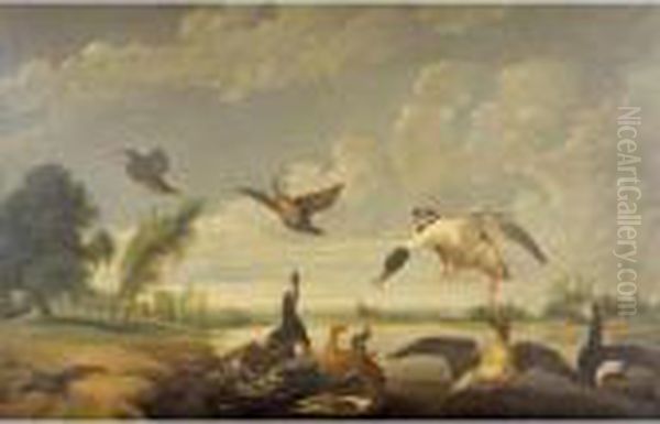 Ducks And Other Birds In A Landscape Oil Painting by Paul de Vos