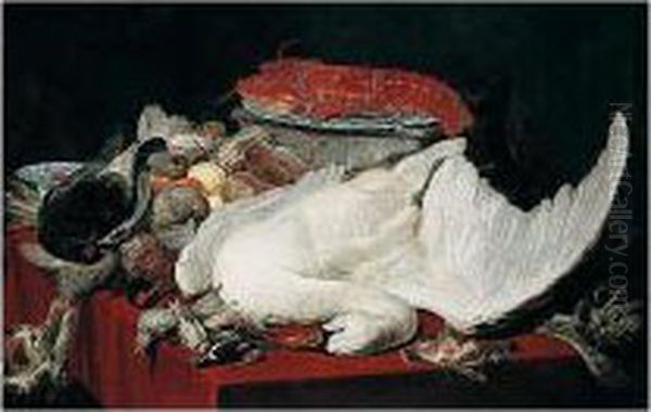 Still Life Of A Swan, A Lobster 
On A Blue And White Porcelain Plate, Strawberries In A Blue And White 
Porcelain Bowl, Fruit, Asparagus And An Artichoke, Dead Fowl, All On A 
Table Covered With A Red Cloth, A Cat On The Left Oil Painting by Paul de Vos