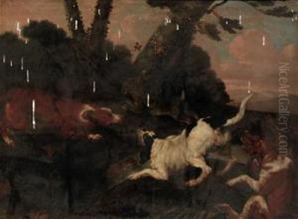 Hounds Chasing A Hare In A Wooded Landscape Oil Painting by Paul de Vos