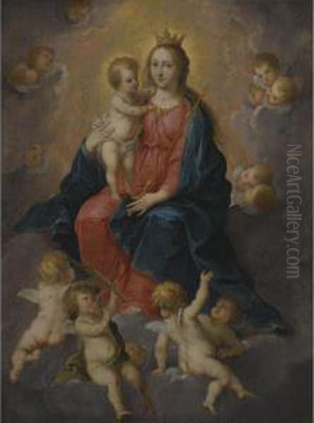 Virgin And Child Surrounded By Putti Oil Painting by Simon de Vos