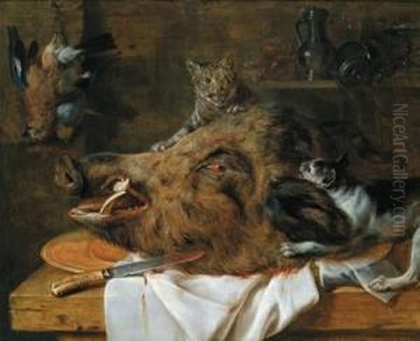 Natura Morta Venatoria Con Testa Di Cinghiale E Gatti Oil Painting by Simon de Vos