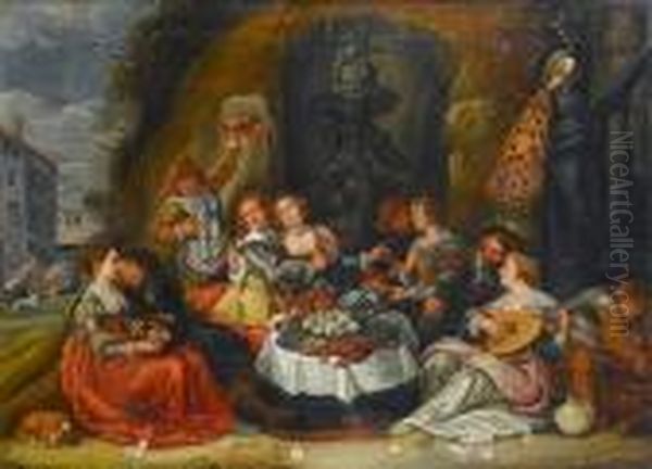 An Elegant Company Merrymaking At The Entrance To A Grotto Oil Painting by Simon de Vos