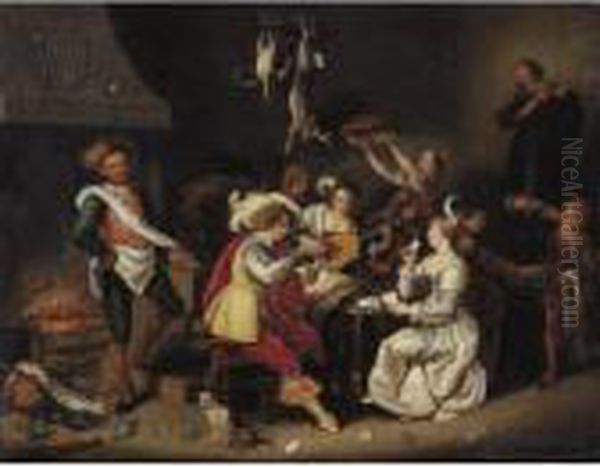 A Convival Card Game Oil Painting by Simon de Vos