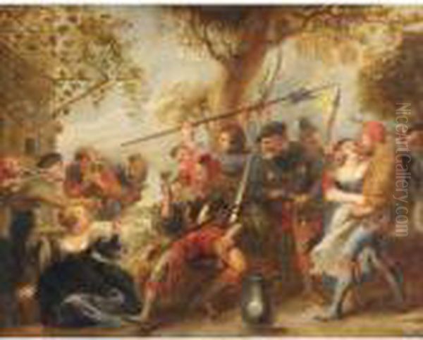 Soldiers And Boors Carousing Outside A Tavern Oil Painting by Simon de Vos