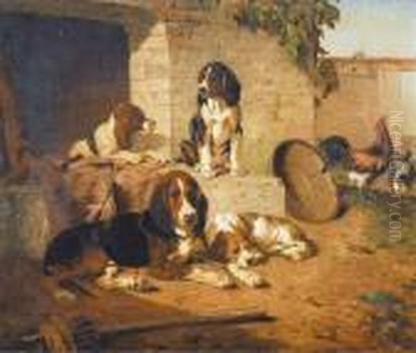 Jachthonden Op Het Erf (1862) Oil Painting by Vincent de Vos