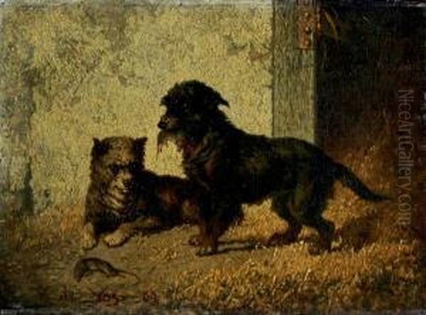 Two Terriers Outside A Barn Oil Painting by Vincent de Vos