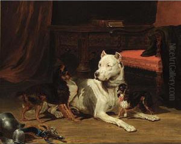 Three Dogs In An Interior Oil Painting by Vincent de Vos