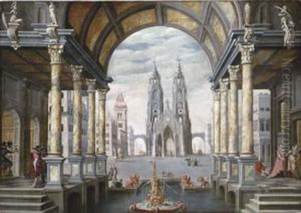 A Capriccio With Elegant Figures
 In An Arched Colonnade, A Town Square And A Church Beyond Oil Painting by Hans Vredeman de Vries