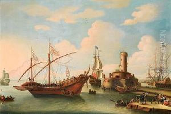 Shipping In A Mediterranean Port Oil Painting by Cornelis de Wael