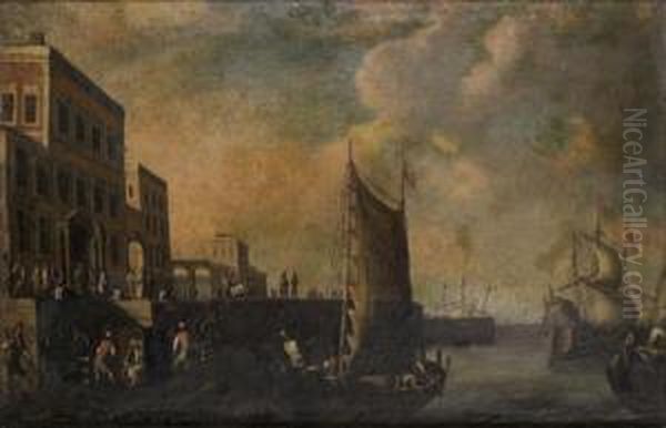 Vue Fantaisiste Du Port De Genes Anime De Nombreux Personnages Oil Painting by Cornelis de Wael