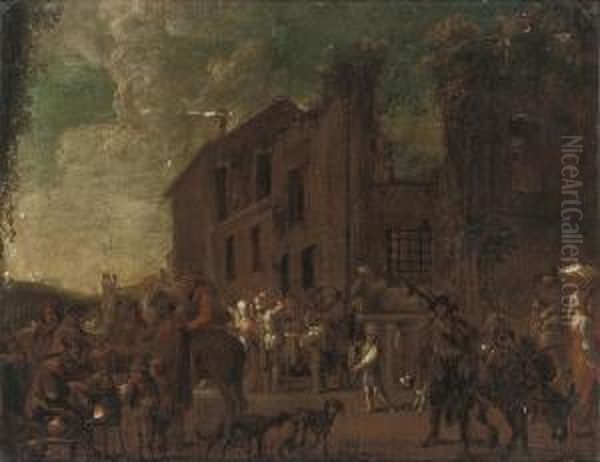 A Market In A Town Square Oil Painting by Cornelis de Wael