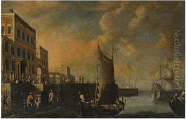 A Busy Pier By A Classical Palace Oil Painting by Cornelis de Wael