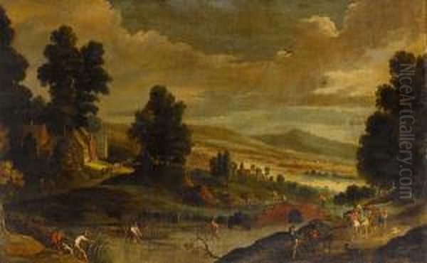 An Extensive River Landscape 
With Fishermenand Their Nets In The Foreground And Travellers On A 
Bridgebeyond Oil Painting by Cornelis de Wael