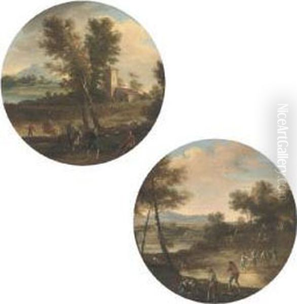 A Wooded River Landscape With 
Drovers At Rest; And A Wooded River Landscape With A Hunting Party In 
The Foreground, An Outbuilding Beyond Oil Painting by Cornelis de Wael