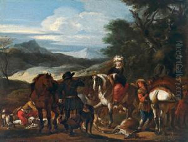 Due Scene Di Caccia In Un Paesaggio Oil Painting by Cornelis de Wael