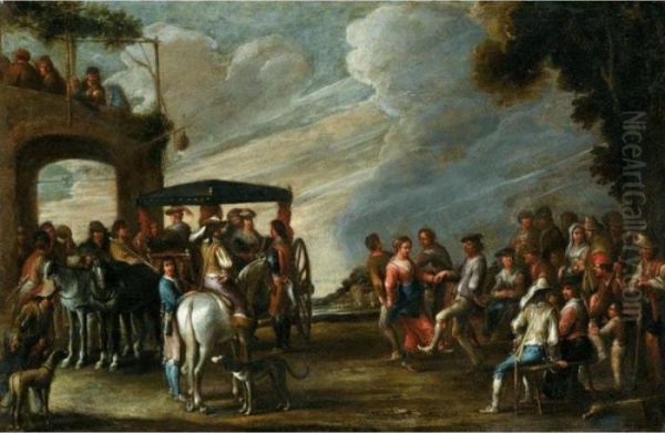 A Landscape With Ladies 
Descending From A Carriage Before A Tavern, Together With Figures 
Merrymaking And Dancing Oil Painting by Cornelis de Wael