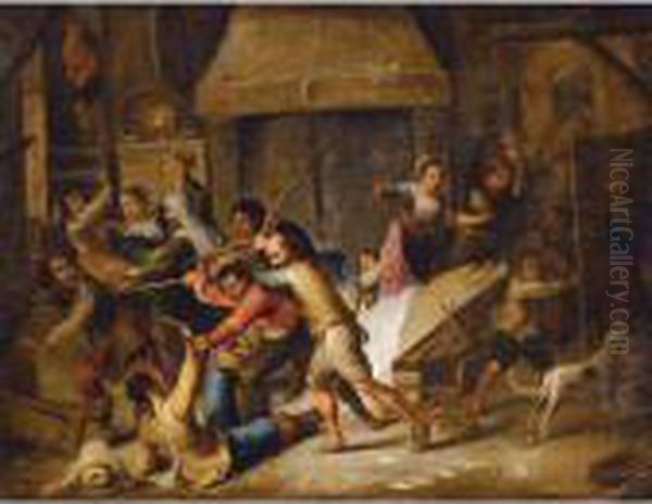 Tavern Interior With Boors Fighting Oil Painting by Cornelis de Wael