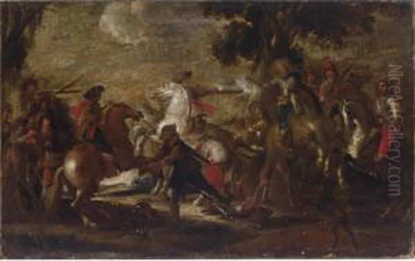 A Cavalry Battle Scene In A Wooded Landscape Oil Painting by Cornelis de Wael