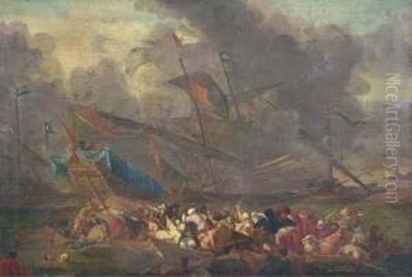 A Naval Battle Between An Ottoman And A Christian Fleet Oil Painting by Cornelis de Wael