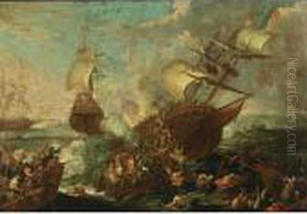 A Naval Battle Scene With 
Ottoman And Christian Soldiers Fighting Aboard A Ottoman Ship, Other 
Shipping Beyond Oil Painting by Cornelis de Wael