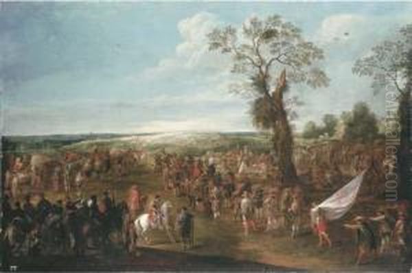 Troops Manoeuvring In An Extensive Landscape Oil Painting by Cornelis de Wael