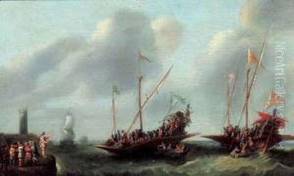 Le Depart De Deux Navires Oil Painting by Cornelis de Wael