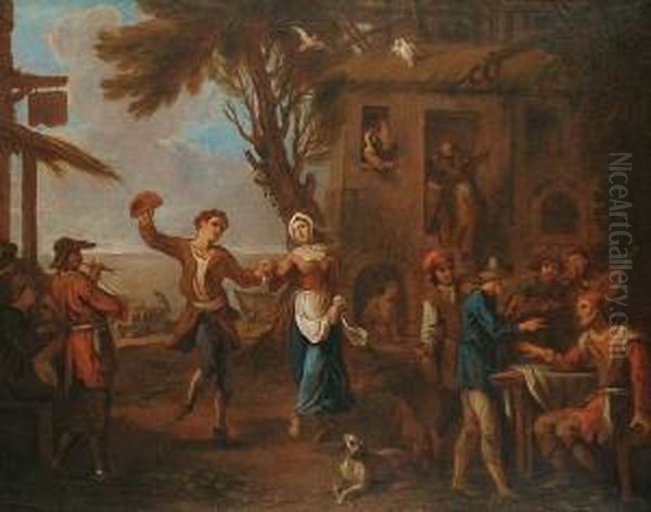 A Village With Peasants Dancing And Merry-making Outside An Inn Oil Painting by Cornelis de Wael