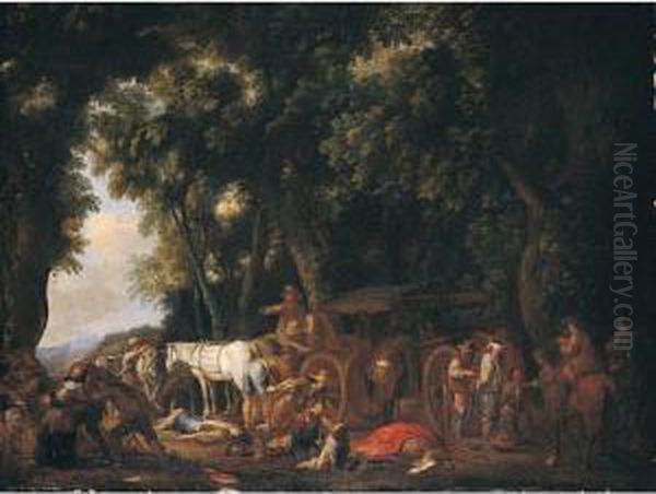 A Wooded Landscape With Bandits Ambushing Travellers Oil Painting by Cornelis de Wael