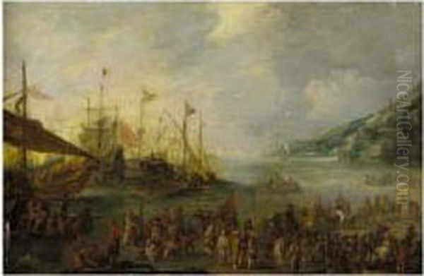 A Coastal Landscape With Warships And Galleys Unloading Trade Oil Painting by Cornelis de Wael