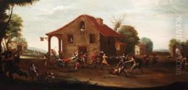 Soldiers Fighting Outside A Tavern Oil Painting by Cornelis de Wael