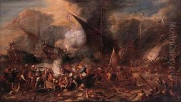 A Naval Engagement Oil Painting by Cornelis de Wael