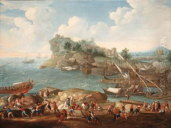 A Mediterranean Coastal Landscape With Levants And Shipbuilders Inthe Foreground Oil Painting by Lucas De Wael