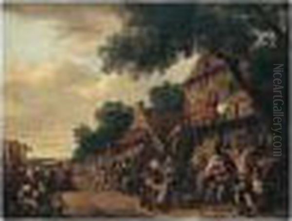 A Crowded Village Scene With 
Figures Drinking Before An Inn, A Play Being Staged On The Left Oil Painting by Gillis de Winter