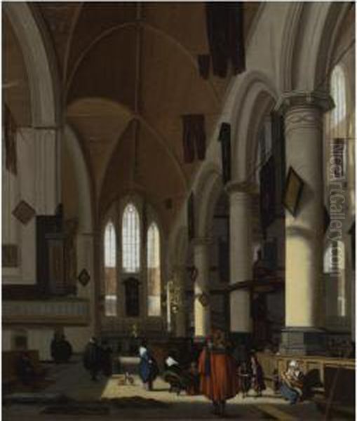 The Interior Of The Oude Kerk, Amsterdam, From The Northernaisle Looking West Oil Painting by Emanuel de Witte