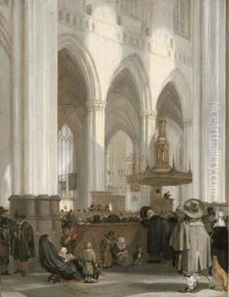 The Interior Of The Nieuwe Kerk,
 Amsterdam, Looking North-east, With A Sermon In Progress Oil Painting by Emanuel de Witte