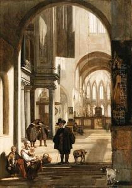 The Interior Of A Gothic Church,
 Looking Down The Aisle To Thechoir, With A Family Begging For Alms Oil Painting by Emanuel de Witte