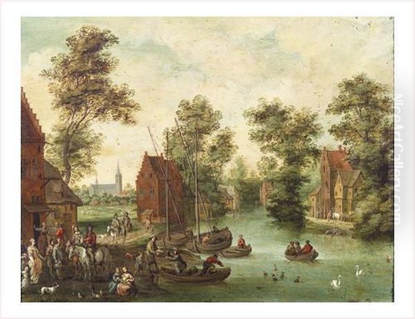 Pecheurs Debarquant Leur Cargaison Dans Un Village De Flandres Oil Painting by Caspar Andriaans Van Wittel